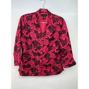 Silkland Red‎ Blazer w Black Floral 100% Silk Button Front Jacket Womens Size M